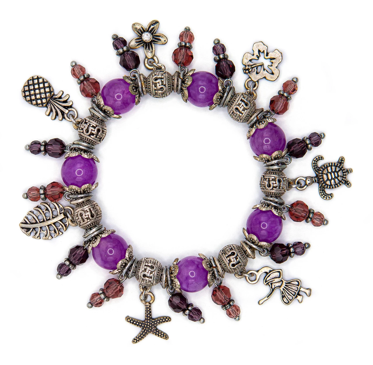 Solid Tone Stone Beads Charm Bracelet By Aloha 808: Purple
