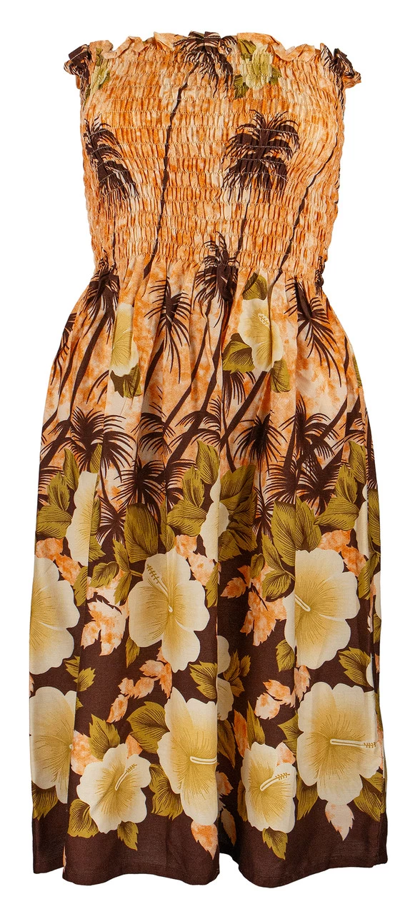 Ladies Elastic Tube Dress - Hibiscus Palm: Orange