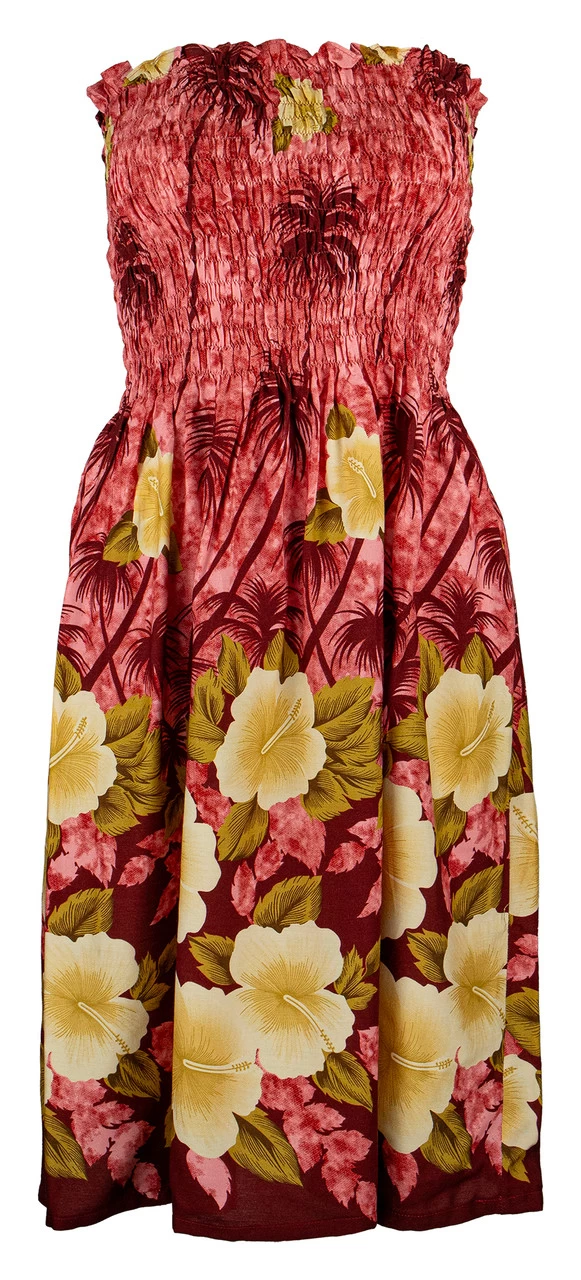 Ladies Elastic Tube Dress - Hibiscus Palm: Red