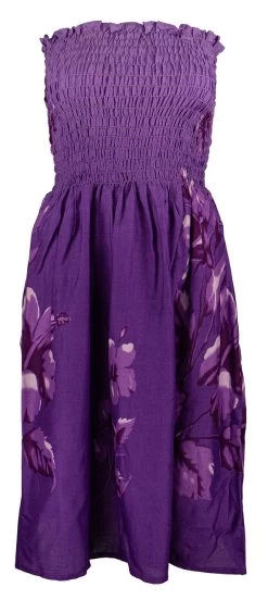 Ladies Elastic Tube Dress - Hibiscus Watercolor: Purple