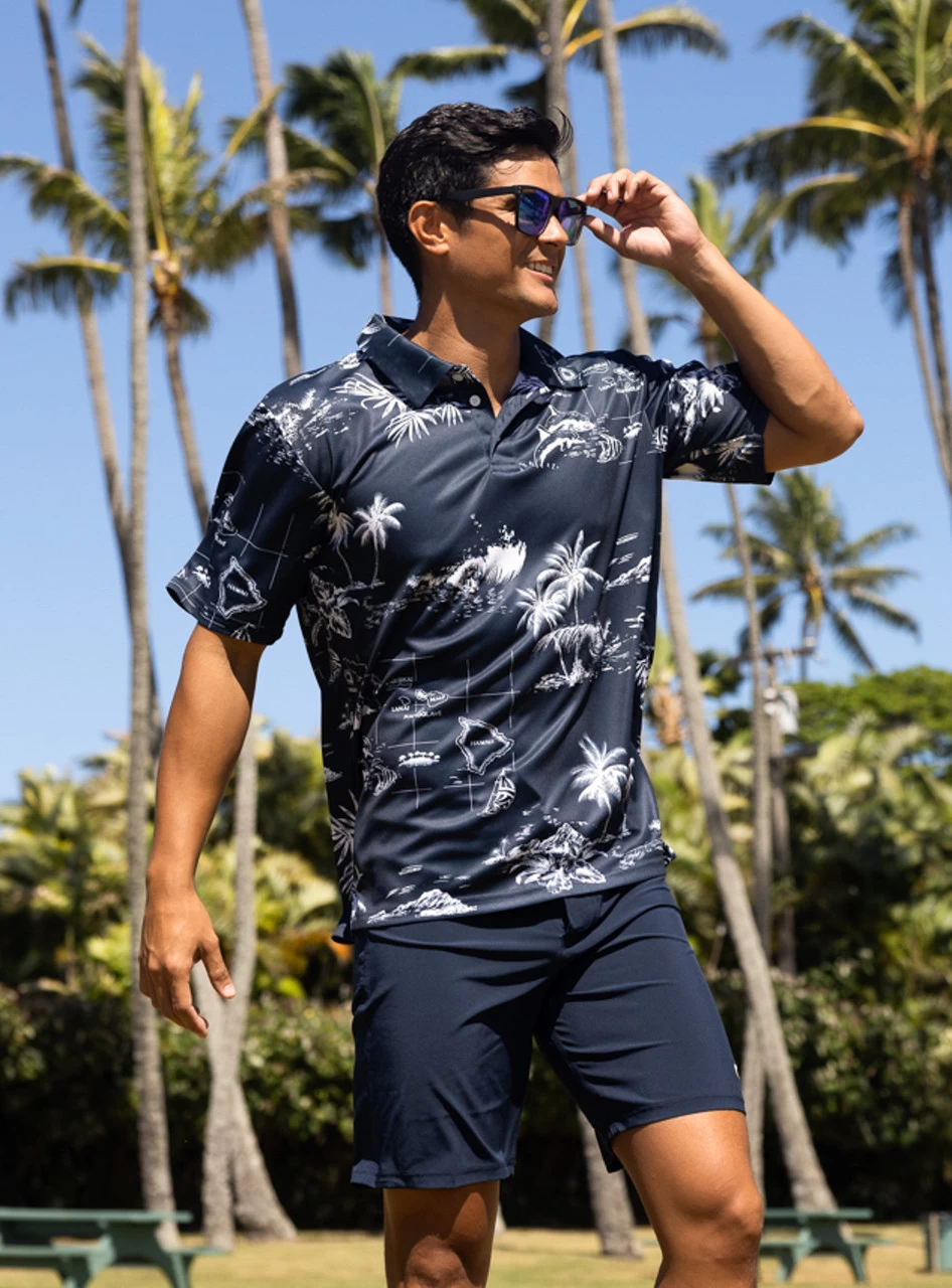Men's Microfiber Aloha POLO Shirt - Navy Map