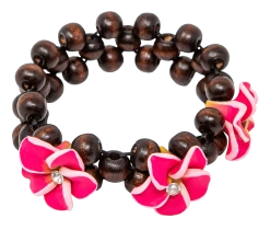 Three Plumeria Wood Bead Bracelet: Pink
