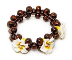 Three Plumeria Wood Bead Bracelet: White