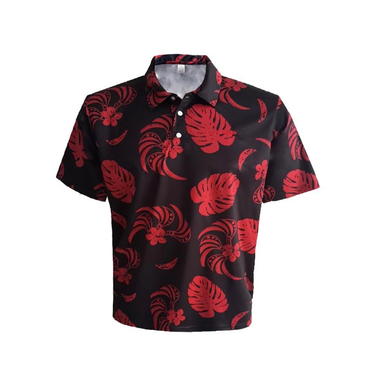 Men's Microfiber Aloha POLO Shirt - Black With Red Tribal