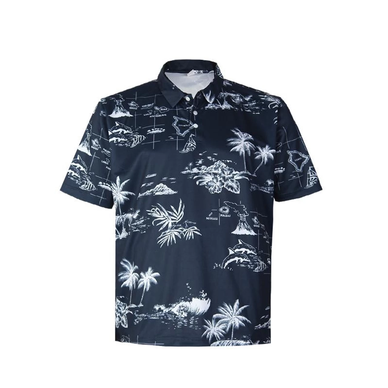 Men's Microfiber Aloha POLO Shirt - Navy Map - Image 2