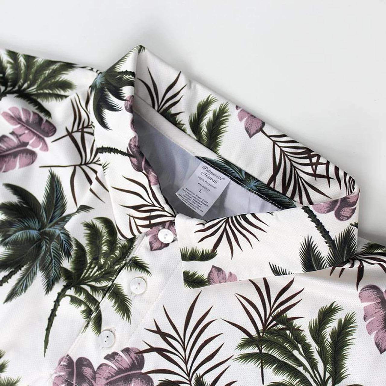 Men's Microfiber Aloha POLO Shirt - Cream Palm Floral - Image 3